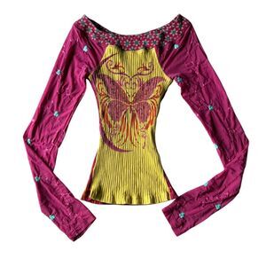 Urban Outfitters Graphic Baby Tee Y2K Fitted Butterfly Mesh Sleeve Knit Top XS